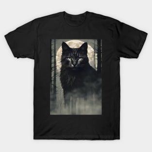 Giant Black Cat in the Foggy Forest Vintage T-Shirt